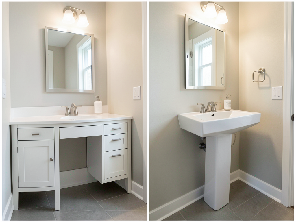 Choosing between a pedestal sink and a vanity for a small Yankee Hill powder room